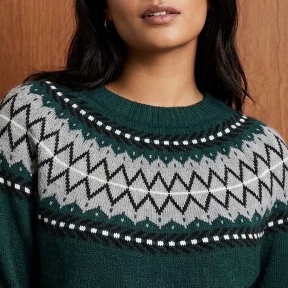 Weatherproof Vintage Green Nordic Fair Isle Yoke Knit Sweater Med cabincore cozy